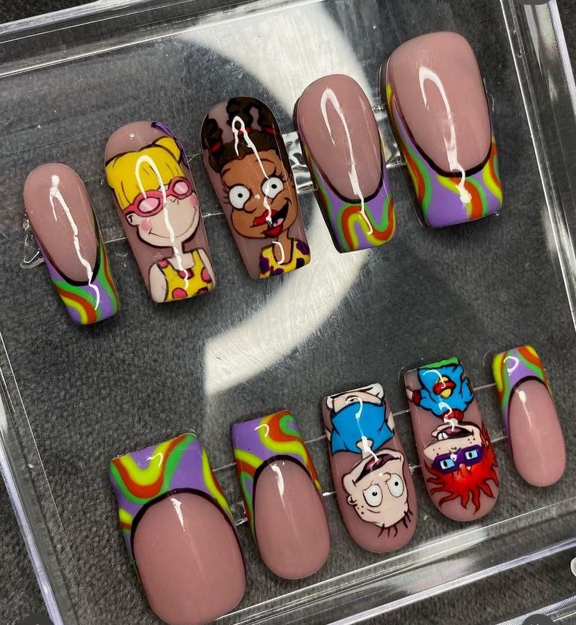 Nostalgic 90s cartoon inspired press on nails in medium square.