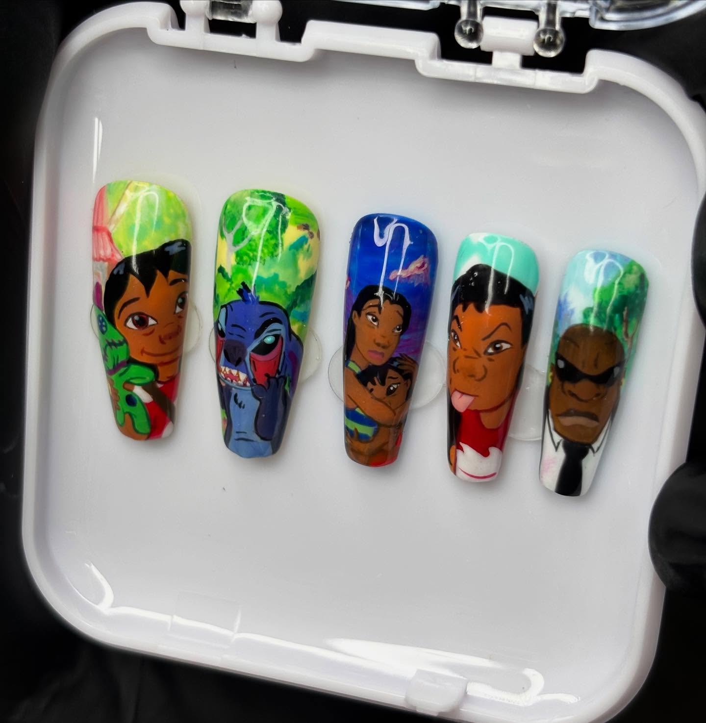 Island alien cartoon character inspired medium coffin press on set.